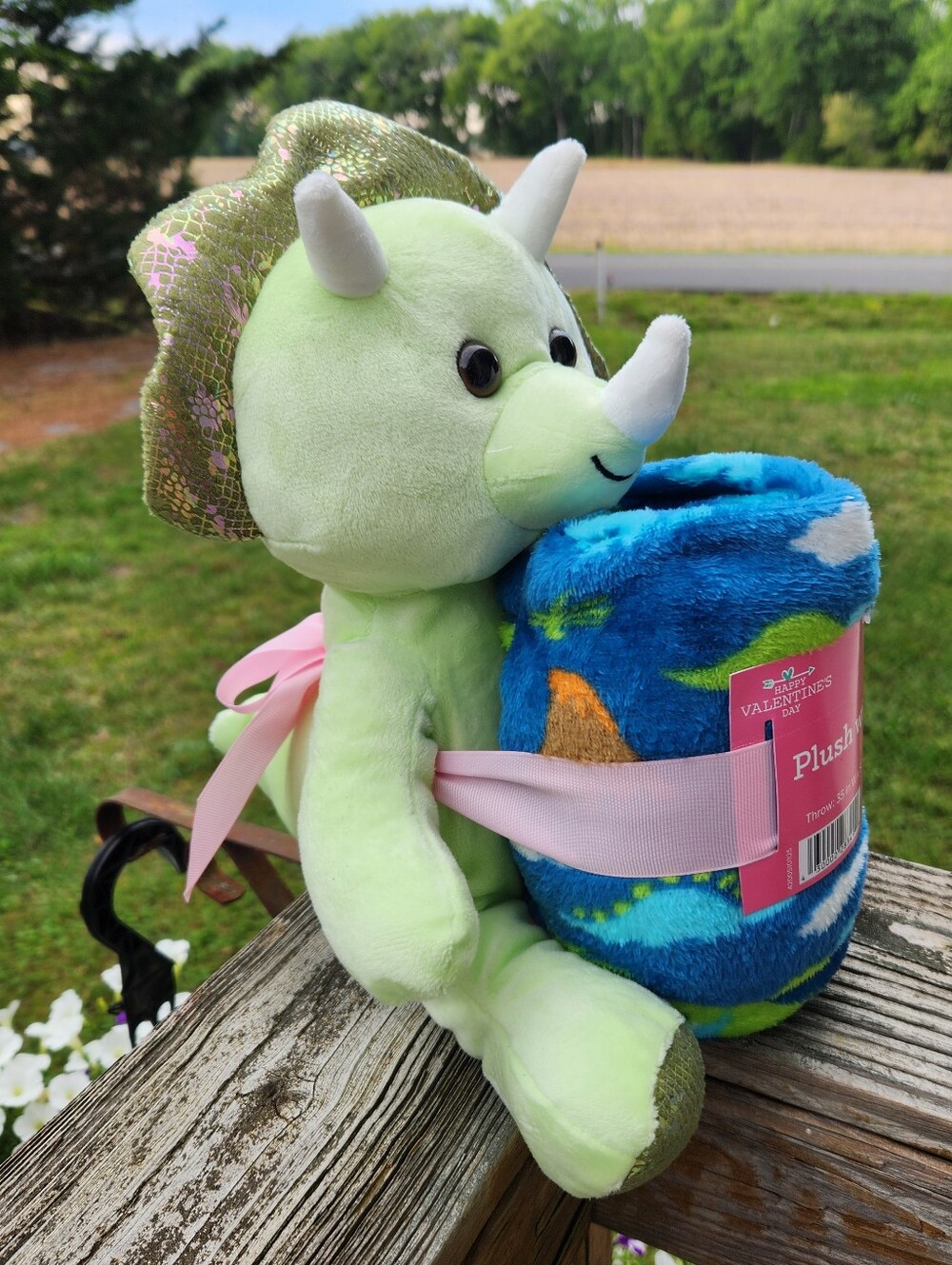 Plush Green Triceratops Holding Blue Patterned Throw - Picture 4 of 6